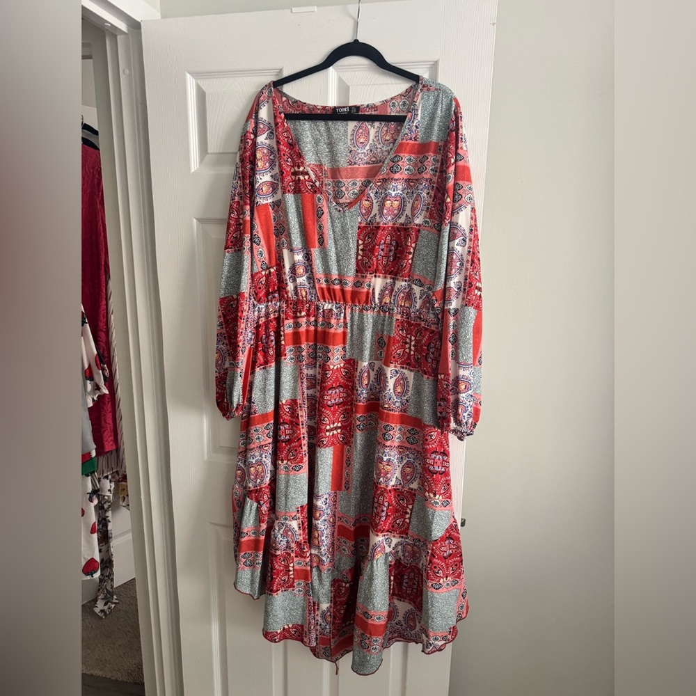 YOINS Pink and Gray Long Sleeve Sundress